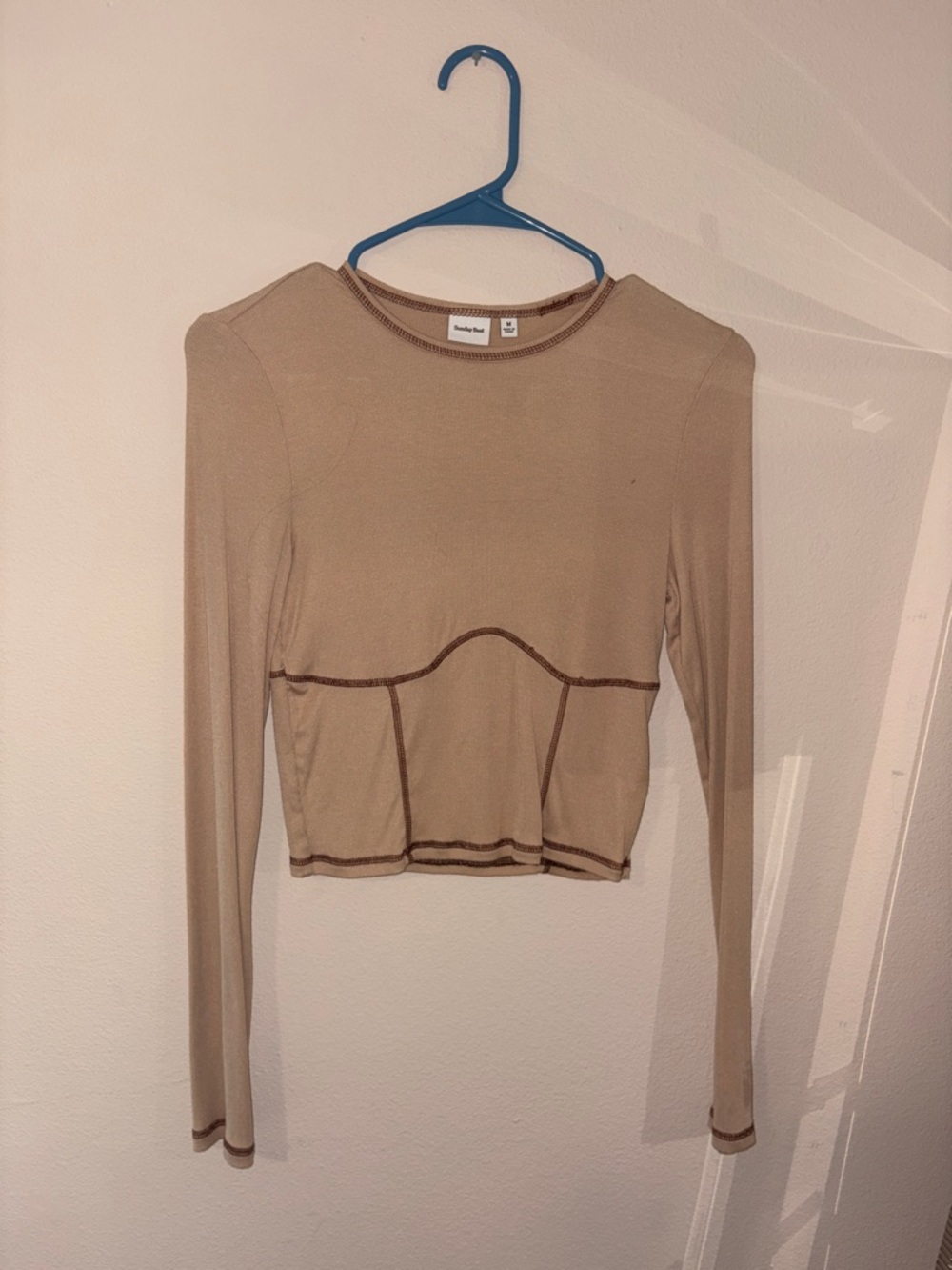 Neutral Seam-Detail Long Sleeve Crop Top